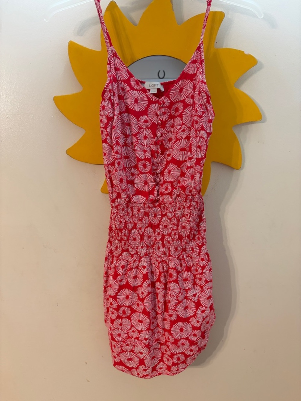 LOFT Red Floral Smocked Spaghetti Strap Dress Sz XS